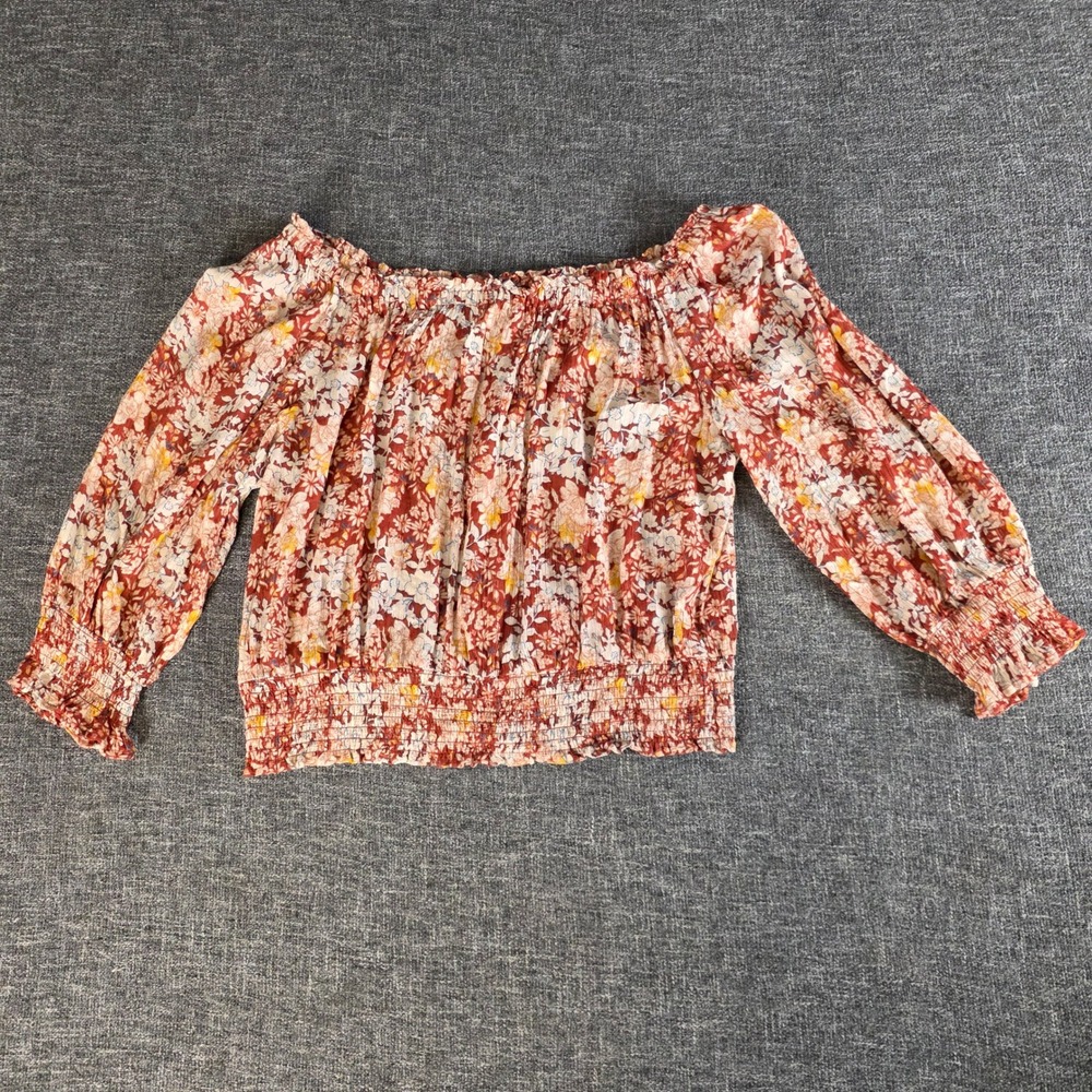 Cynthia Rowley Floral Smocked Peasant Blouse Womens L Rust Off Shoulder Boho